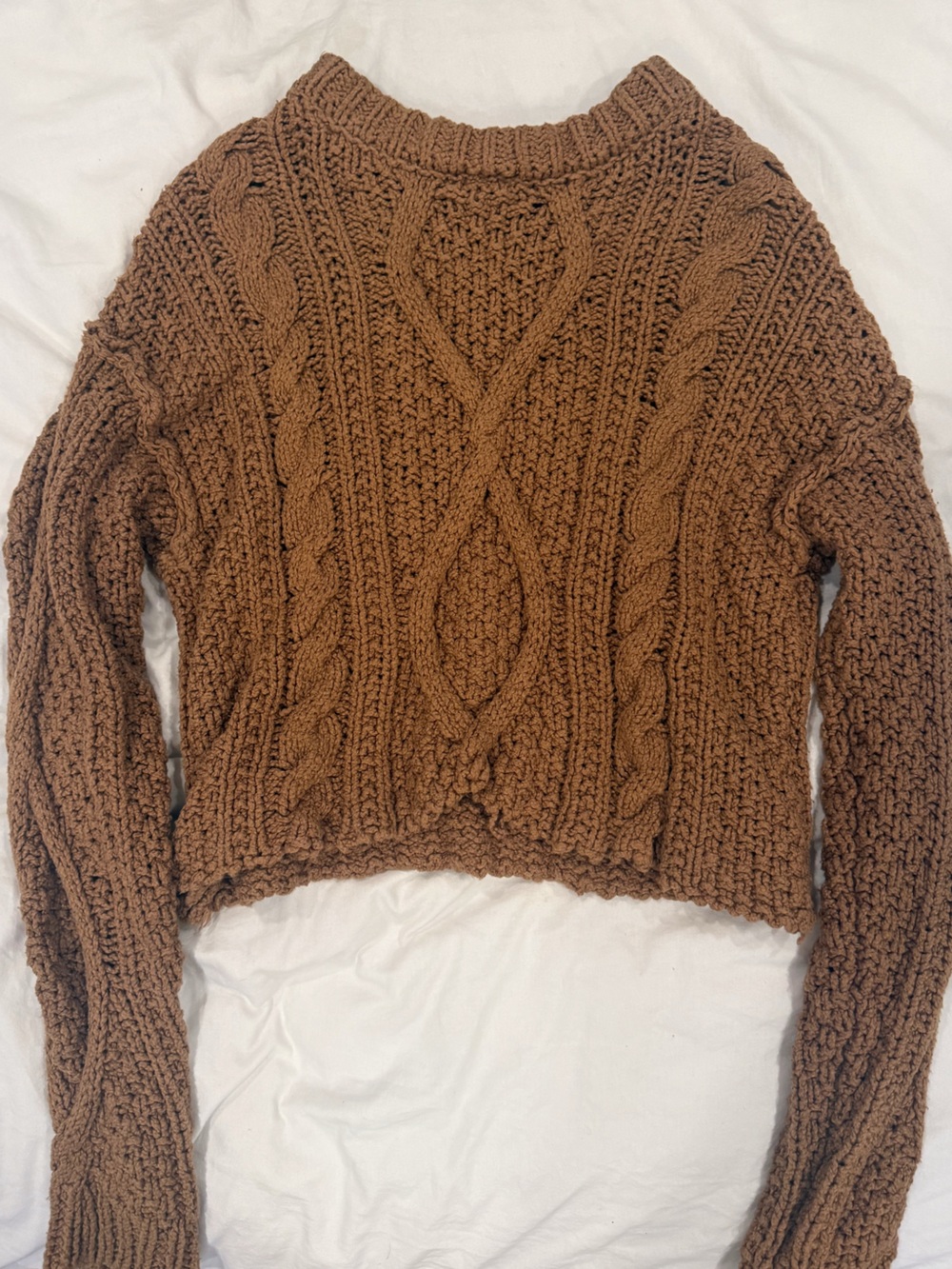 Free People Chunky Cable Knit Crewneck Sweater in Brown